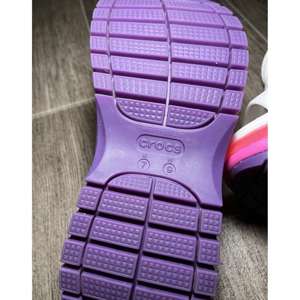 Crocs Crush Sandal Womens 9 White Pink Purple Excellent Platform Two Strap
